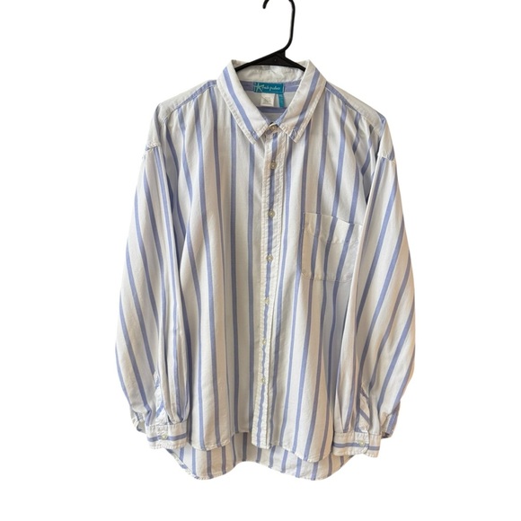 Fresh Produce 100% Cotton Button Up Blouse Top Size XL Blue White Striped Casual - Picture 10 of 10